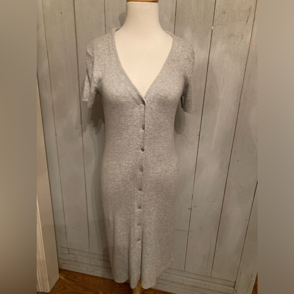 One Grey Day Button Up Body Con Grey Knit Sweater Dress Short Sleeves Sz-S NWT